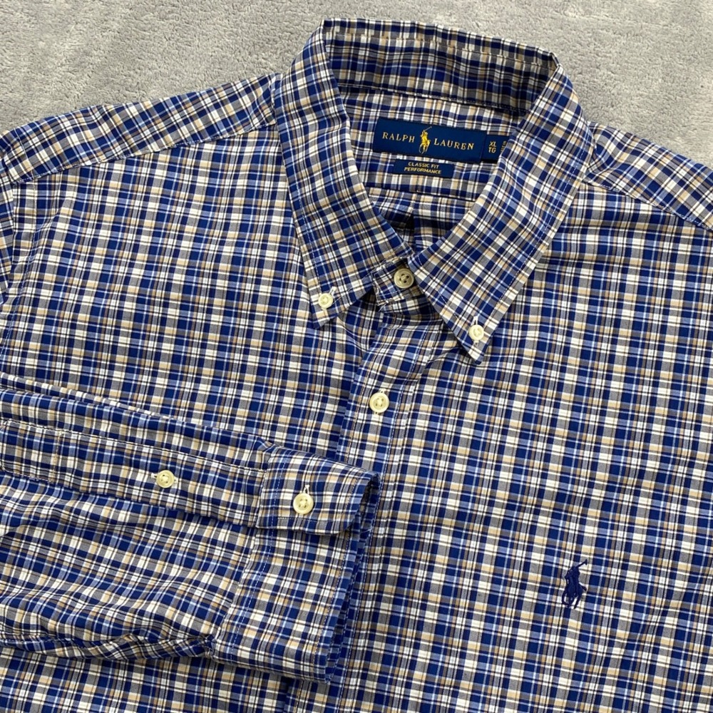 Ralph Lauren Mens XL Classic Fit Performance Blue‎ Plaid Button Down Shirt